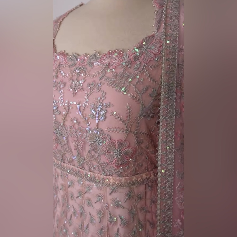 Faiza Saqlain Ruzova Blush Pink Embroidered Net Long Sleeve Dress - Picture 3 of 6